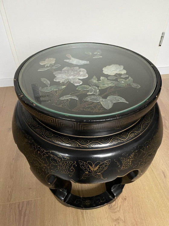 Image 1 of Antique Chinese Side Table – Handmade – Jade, Mother of Pearl & Gold Painting – Jinlong Beijing
