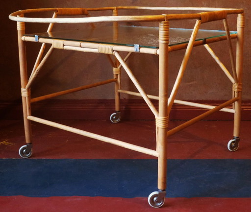 Bamboo and Frosted Glass Fine Serving Trolley, 1960s