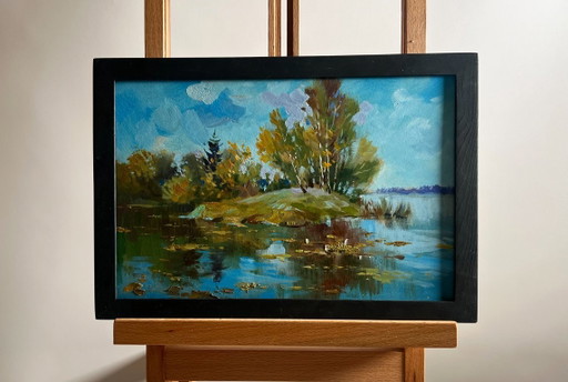 Original Oil Painting Summer Coastal Landscape The river washes the forest