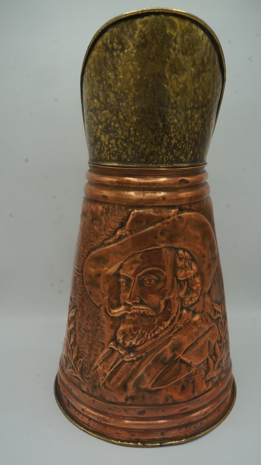 Soporte para paraguas de cobre antiguo, cubo de carbón para pellets, kit de pellets con relieve de Rembrandt