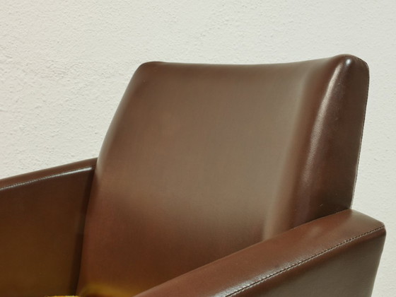 Image 1 of Vintage draaibare fauteuil uit de jaren 70, fauteuil in mid-century stijl, bruin kunstleer, chromen onderstel, retro loungestoel