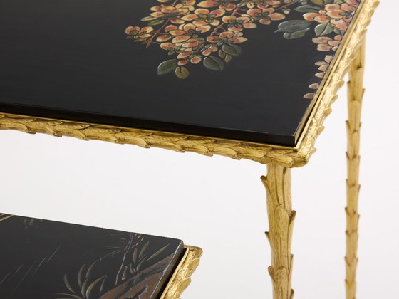 Image 1 of Maison Baguès foliage gilt bronze chinoiserie lacquered side tables 1950s