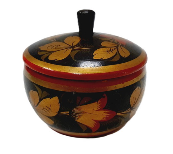 Image 1 of Vintage Hohloma Wooden Sugar Bowl, Box with Lid
