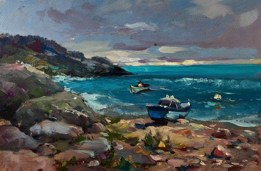 Dipinto ad olio originale, paesaggio costiero estivo, onde del mare che si infrangono contro le rive scoscese.