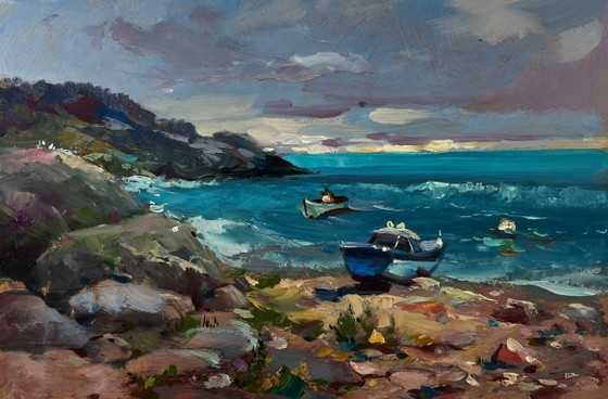 Image 1 of Original Oil Painting Summer Coastal Landscape Sea Waves Crashing Against Sharp Shores