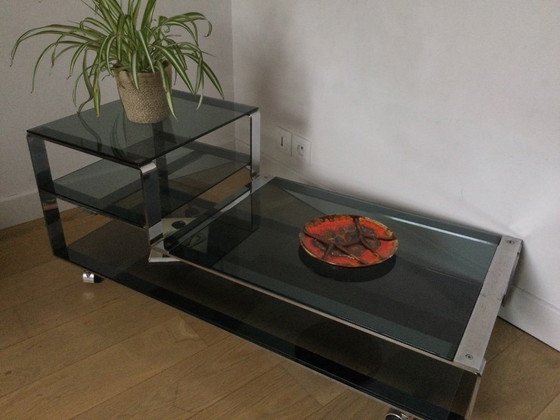 Image 1 of Salontafel / Laag kastje, Italiaans design in gerookt glas en staal
