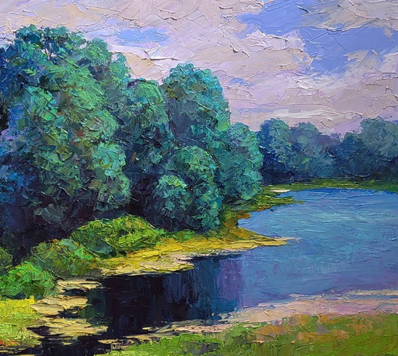 Image 1 of Pintura al óleo original: Paisaje natural, relax veraniego en la playa del río.