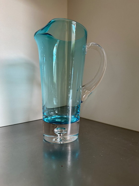 Image 1 of Two carafes and 7 glasses by Krosno Poland, ice-blue art glass