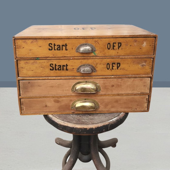 Image 1 of Industrial Wooden Filing Cabinet with Stenciled Marking Czechoslovakia, 1930s–1940s