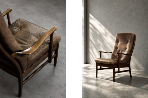 Image 1 of Dänischer Mid-Century Hochsessel aus moderner Buche und braunem Leder von Farstrup Møbler, 1970er Jahre
