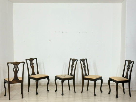 Image 1 of Set di 5 sedie Chippendale antiche / sedie da pranzo in pregiato mogano/noce, circa 1900