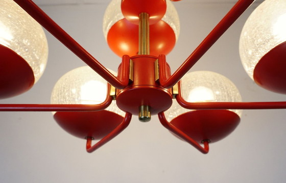 Image 1 of stunning 1960s 70s mid century modern CHANDELIER, red metal and brass, 9 crackle glass shades