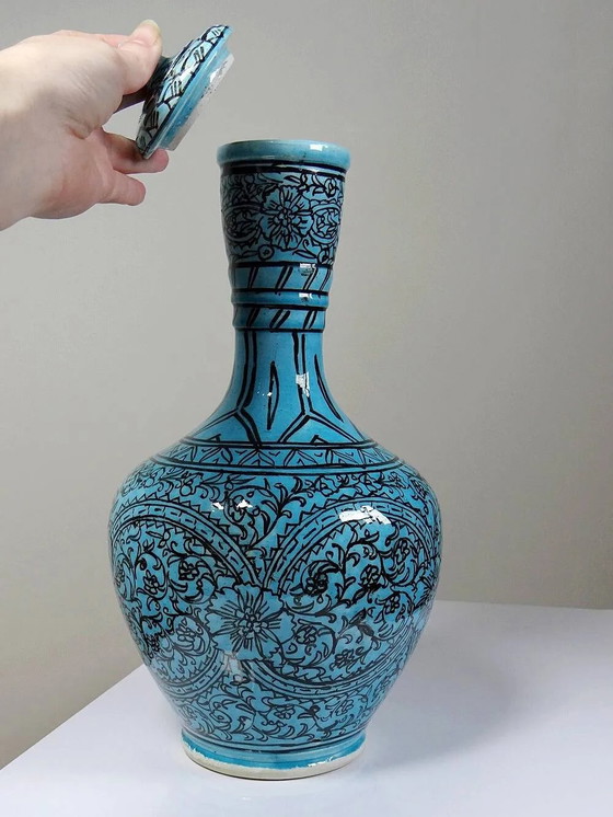 Covered vase or Persian jar, glazed Iznik pottery, vintage turquoise painted., Porcelain, Black (photo 6 of 16)