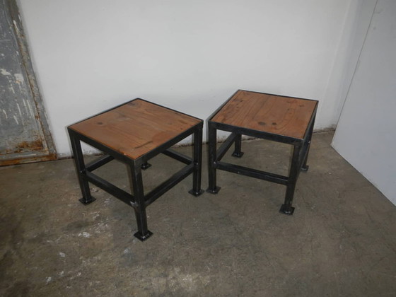 Image 1 of Paire de tabourets en bois et métal noir, années 70