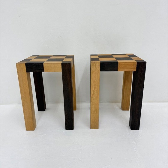 Image 1 of Set of 2 vintage wooden side tables, brown and light wood
