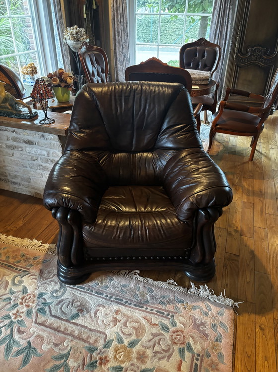 Complete 5-Piece Rustic Lounge Set – Quality Leather & Solid Wood – Armchairs (photo 5 of 7)