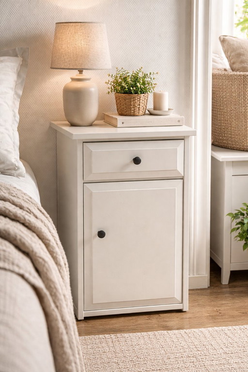 Comodino/mobiletto laterale bianco con cassetto e spazio di archiviazione