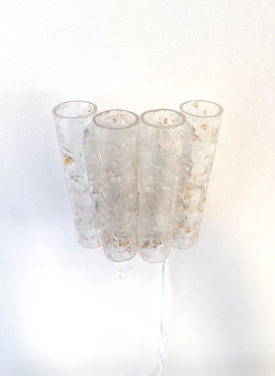 Image 1 of Bellissima lampada da parete vintage in ottone con tubi in vetro ghiacciato di Doria Leuchten, lampada da parete anni '70