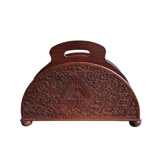 Porte-revues en bois indonésien colonial Art déco sculpté à la main