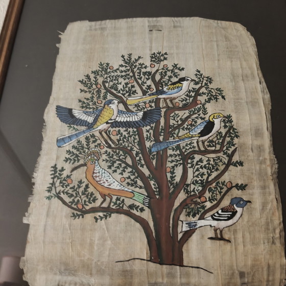 Image 1 of Vintage Hand-Painted Egyptian Papyrus Artwork with Birds – Framed