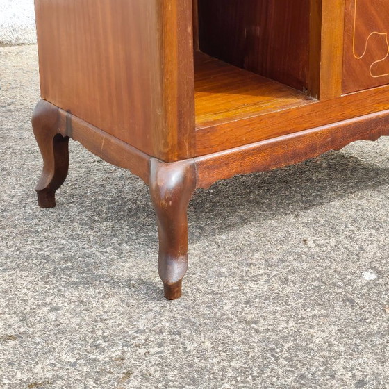 Antieke Franse art-deco console met marqueterie, houten kast met glazen blad, jaren 30 – Ladekasten, Glass (photo 7 of 21)