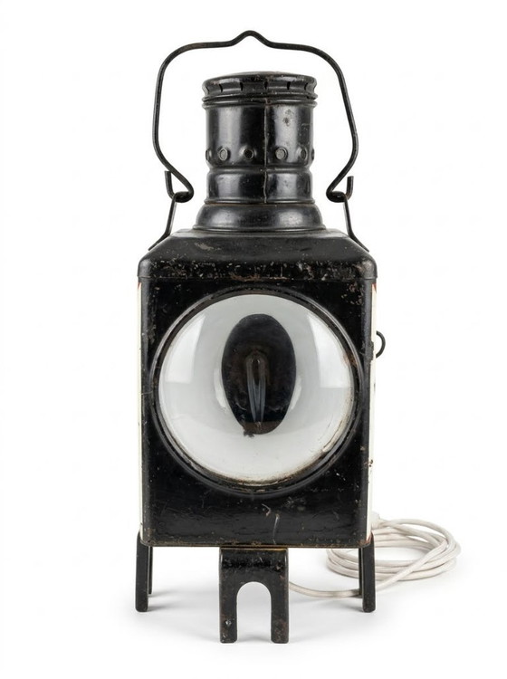 Spoorwegsignaallamp, zwart met rood glas, Tafellampen, Metaal, Vintage (foto 5 van 5)