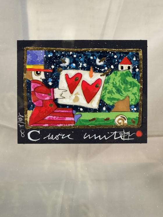 Image 1 of Sérigraphie de Francesco Musante, 8 x 10 cm, cœurs entrelacés, encadrée

