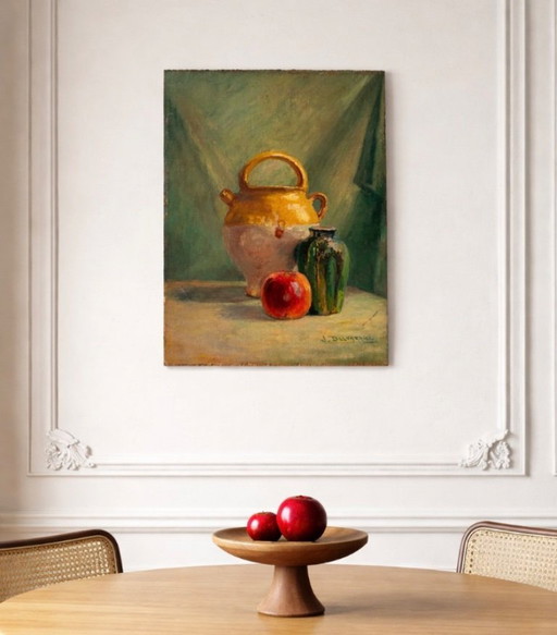 Óleo sobre madera contrachapada antigua, naturaleza muerta