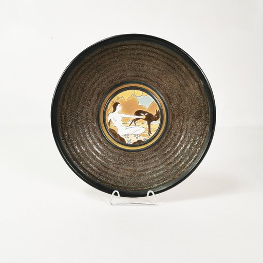 Gran plato de cerámica Art Déco, diseñado por Raymond Chevallier para Boch Frères Keramis, 1935