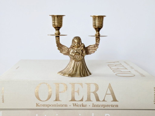 Midcentury Brass Candleholder, Winged Angel for 2 Candles, Christmas Brass Decor