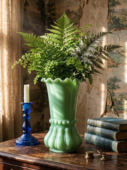 Große antike, geformte Vase aus jadegrünem Opalinkristall, ca. 1900-1930