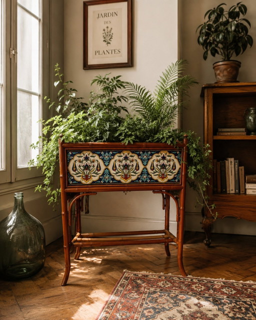 Jardinière vintage émaux Longwy multicolore sur pieds bois bambous