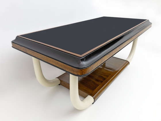 Image 1 of Art Deco Italiaanse notenhouten glazen tafel met olifant slagtandpoten, jaren '30