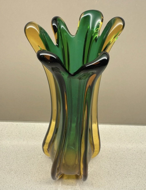 Prachtige Murano Sommerso Vaas – Jaren 50/60 – Groen & Amber