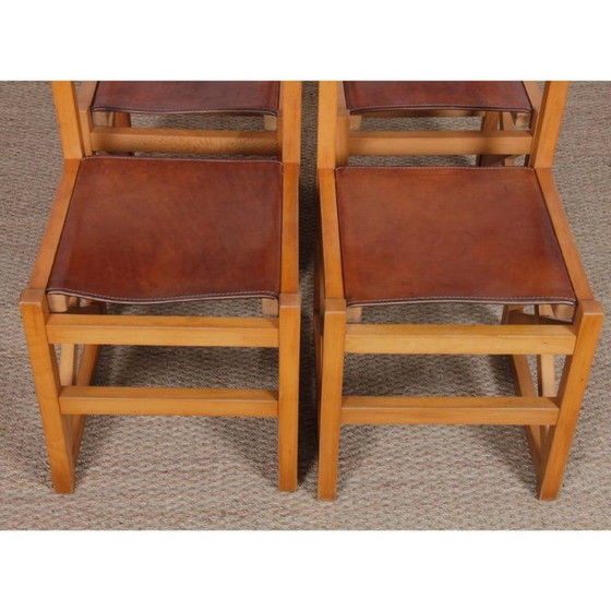Image 1 of Set of 4 vintage chairs in solid wood and leather, 1980