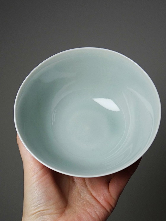 Image 1 of 4 Vintage celadon porcelain Chinese rice bowls from the 1970s-80s with koi carp reliefs