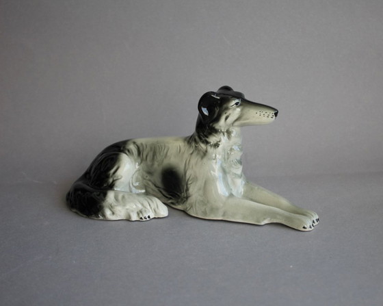Image 1 of Galgo ruso (Borzoi), tumbado, con manchas blancas y negras, probablemente Scheidig Gräfenthal.