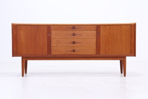 Vintage teak sideboard 60s | Mid - Century sideboard with drawers & slatted doors retro wood storage #08-22