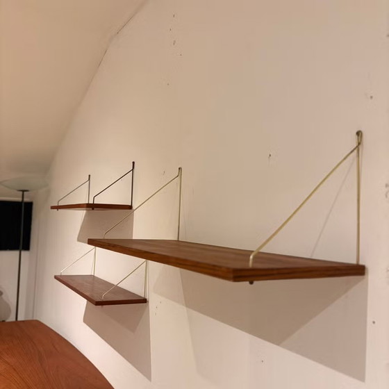Vintage Danish 1960s Teak Wall Shelves – Shelving unit, Metal, Brass, Mid Century Modern (photo 9 of 15)