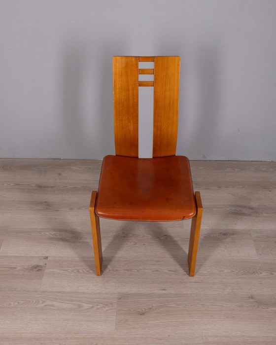 Image 1 of Ensemble de 4 chaises vintage des années 1950 en bois et cuir, design italien
