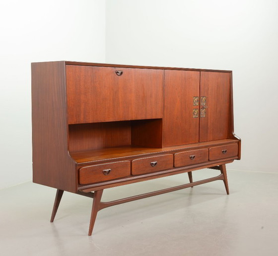 Image 1 of Mid-Century Louis van Teeffelen Design Teak Wooden High Sideboard for Webe with Ceramic Ravelli Tiles. The Netherlands, 1960s