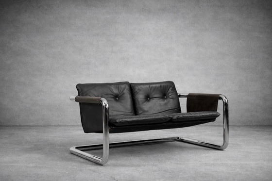 Image 1 of Vintage Brutalistische Buisvormige Metalen en Lederen Bauhaus Minimalistische Sofa 1950