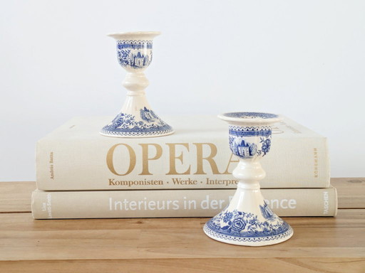 Set of 2 Antique Villeroy & Boch Burgenland Candleholders | Blue Saar Transferware (1913–1947)