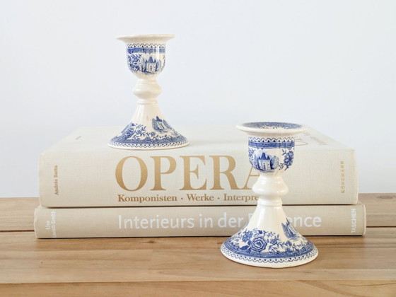 Image 1 of Set of 2 Antique Villeroy & Boch Burgenland Candleholders | Blue Saar Transferware (1913–1947)