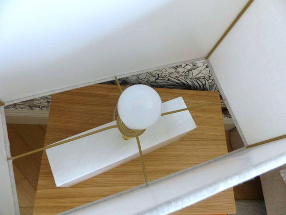 Image 1 of Paar rechteckige Designer-Tischleuchten von CB2 in Naturweiß, Alabaster und Leinen