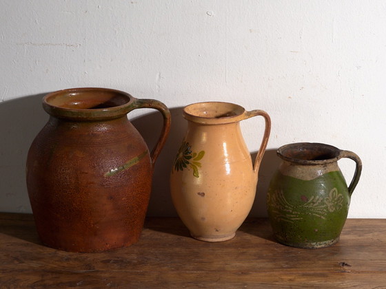 Set of 3 Antique Glazed Ceramic Jugs, Central Europe, circa 1920, Crockery, Brown (photo 4 of 14)