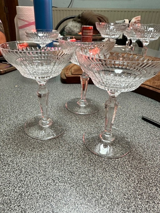 9x Val Saint Lambert kristallen champagnecoupes – Service Mery (Art Deco) – glazen karaffen, Crystal