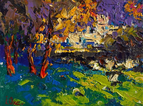 Image 1 of Original Oil Painting Autumn Park Landscape City autumn park