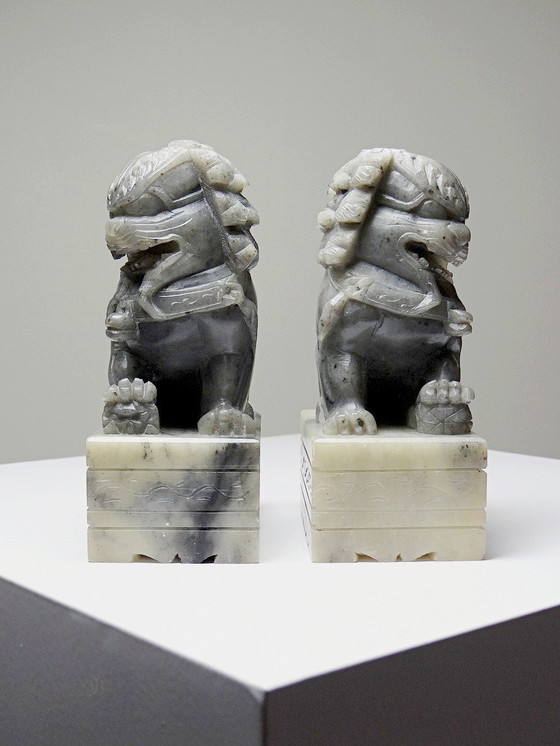 Image 1 of Pair of small Dogs/Lions Foo carved soapstone vintages