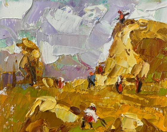 Image 1 of Original Oil Painting Summer Day Landscape Work in the field